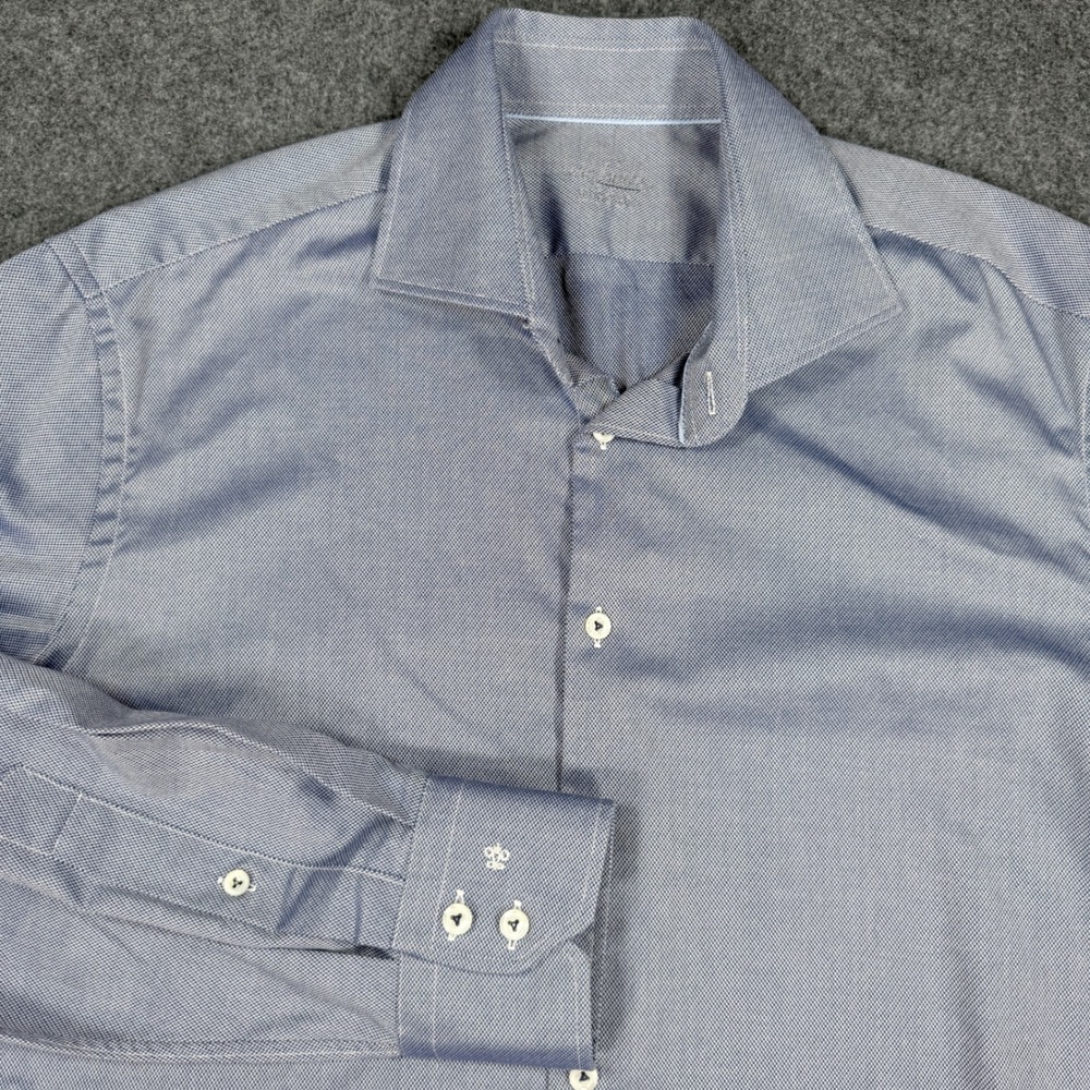 Van Laack Royal Perfect Look Blue Micro Pattern Dress Shirt Rivara-PTFN 44 17.5
